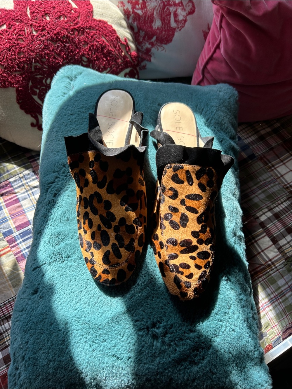 Sole Society Leopard-Print Slip-On Mules in Tan and Black